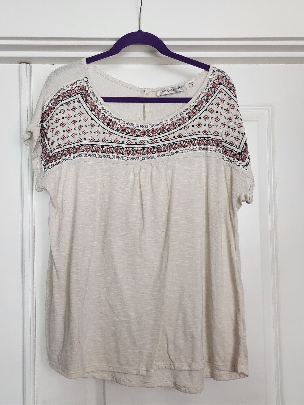 Tempted Hearts Cream Short-Sleeve Top with Embroidered Yoke